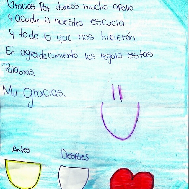 A handwritten thank-you letter in Spanish, with drawings of a yellow tooth labeled Antes, a white tooth labeled Despues, and a red heart